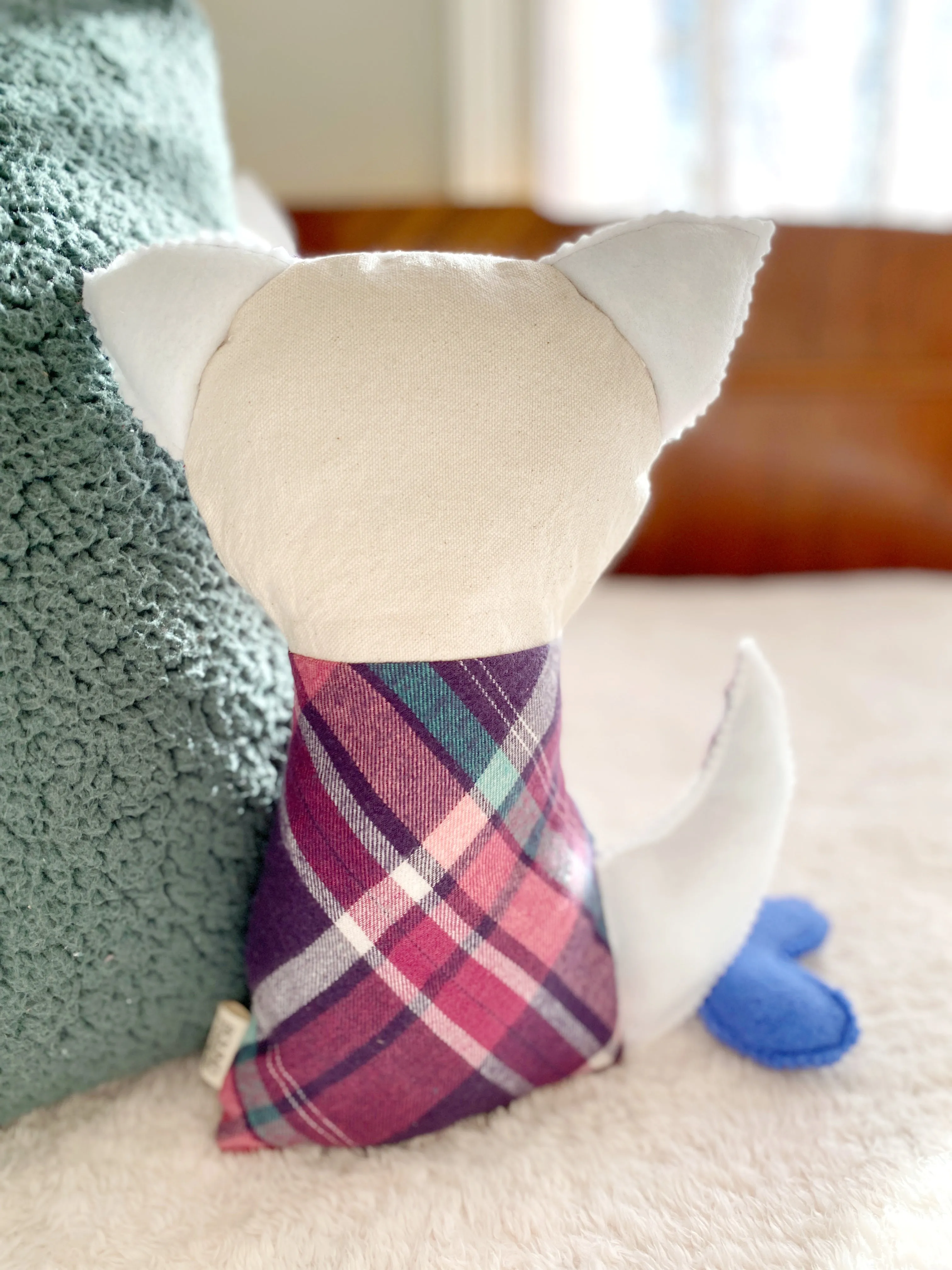 Creative Cuddles, Purple Plaid Fox Animal for Kids, Children's Sensory Stuffed Animal, Upcycled Stuffed Fox for Kids