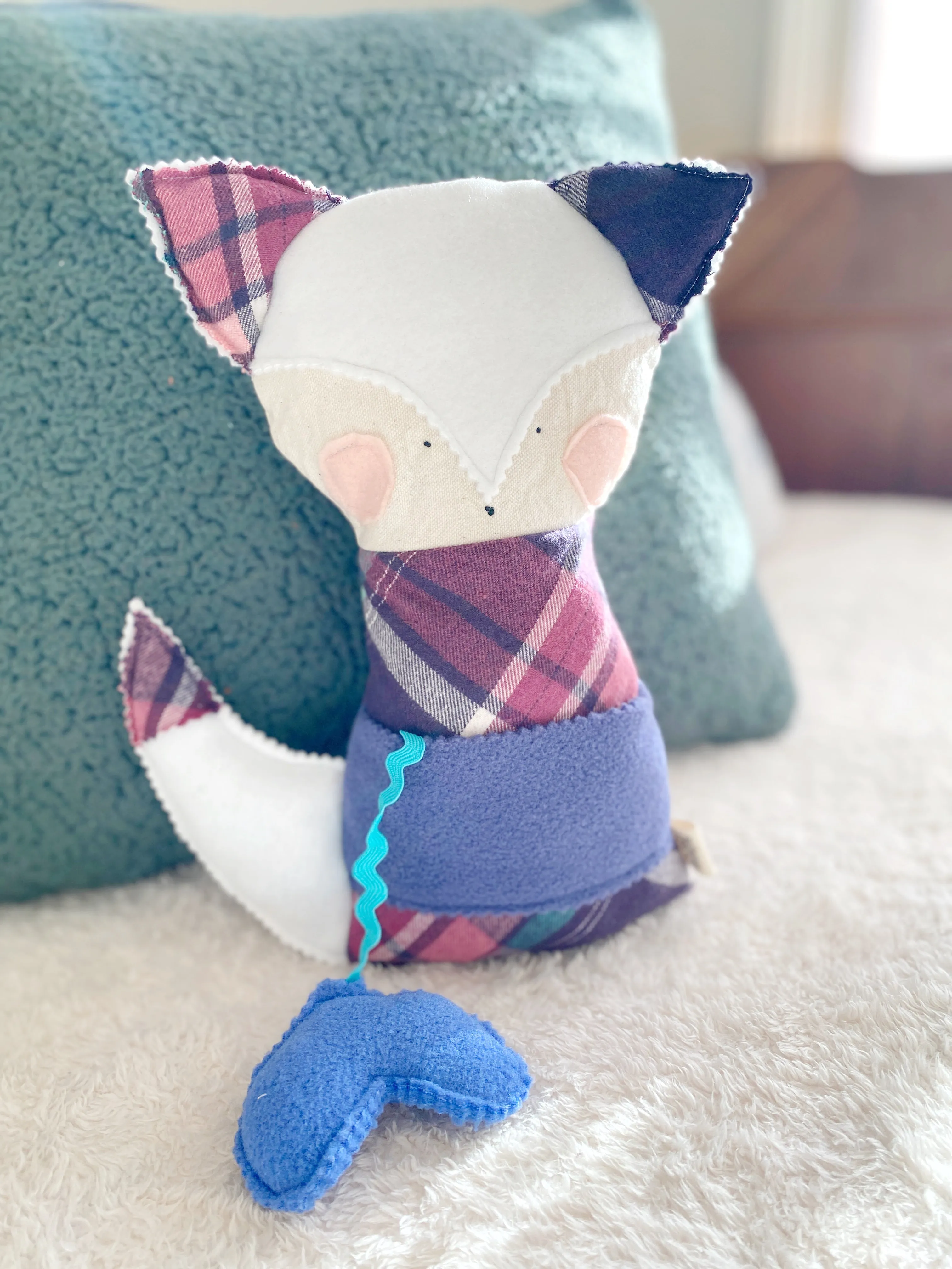 Creative Cuddles, Purple Plaid Fox Animal for Kids, Children's Sensory Stuffed Animal, Upcycled Stuffed Fox for Kids
