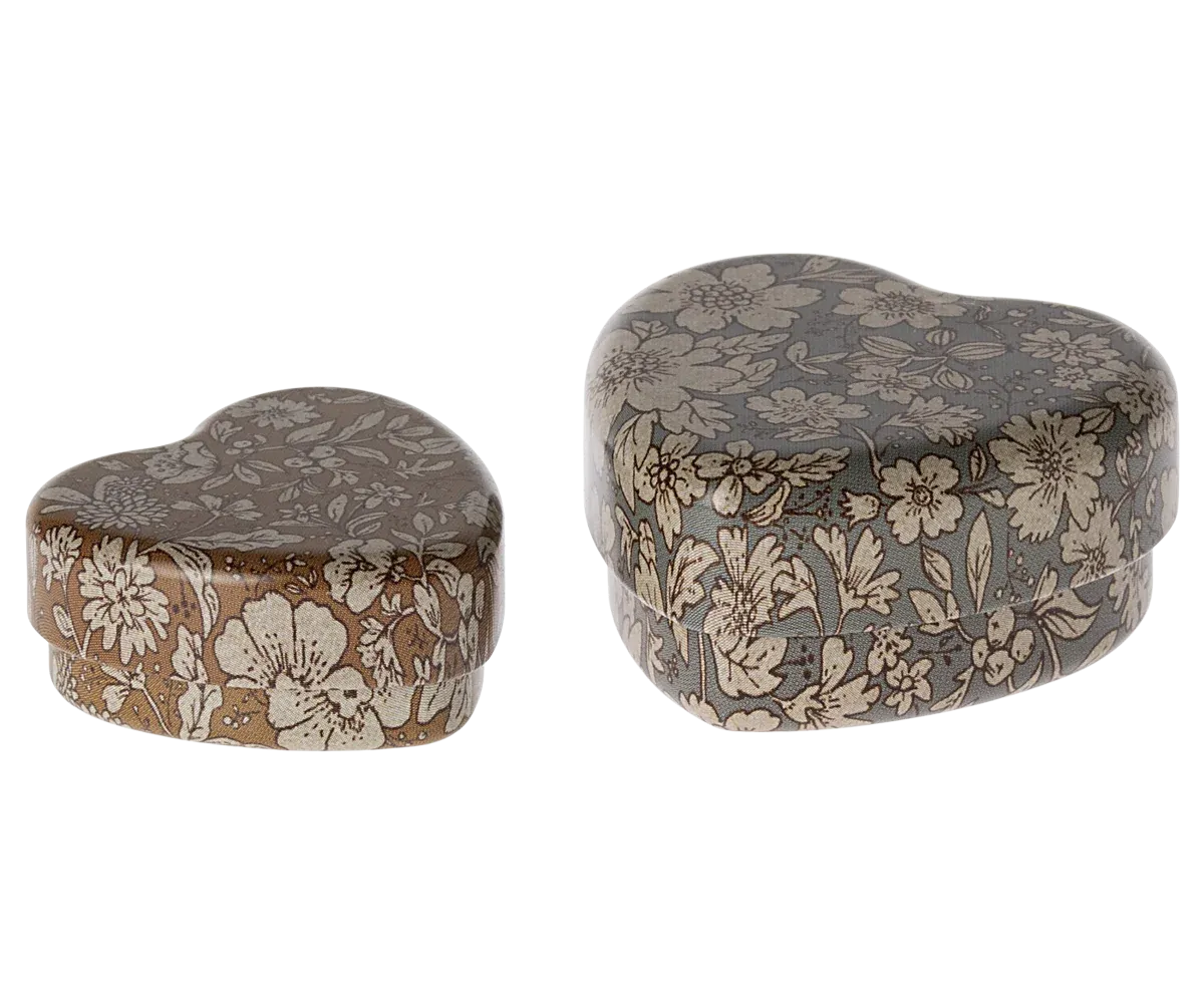 Maileg 2 pc Metal Heart Box in Blue & Ocher Blossom
