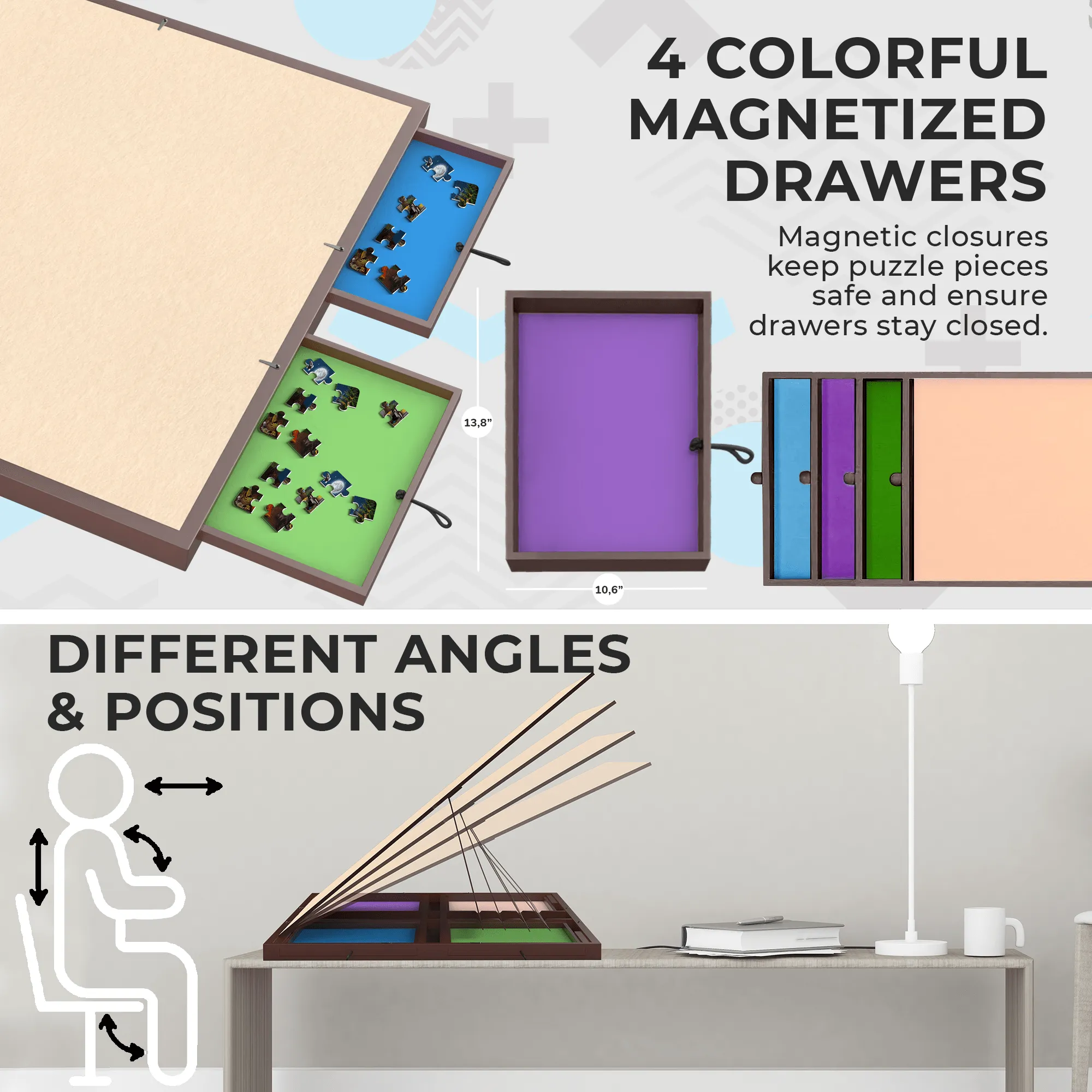 Puzzle Board Brown with Drawers Table with Cover for Adults