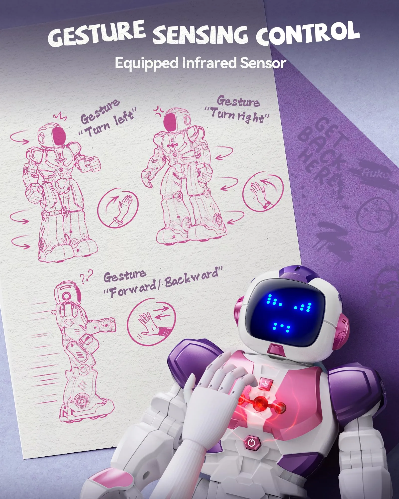 Ruko 6088 Dancing Robot for Girls with APP Control, Remote Control, Gesture Sensing Control, Interactive LED Emoji, QA Games Rechargeable Programmable Robot Toys for 3 4 5 6 Years Kids, Pink Purple