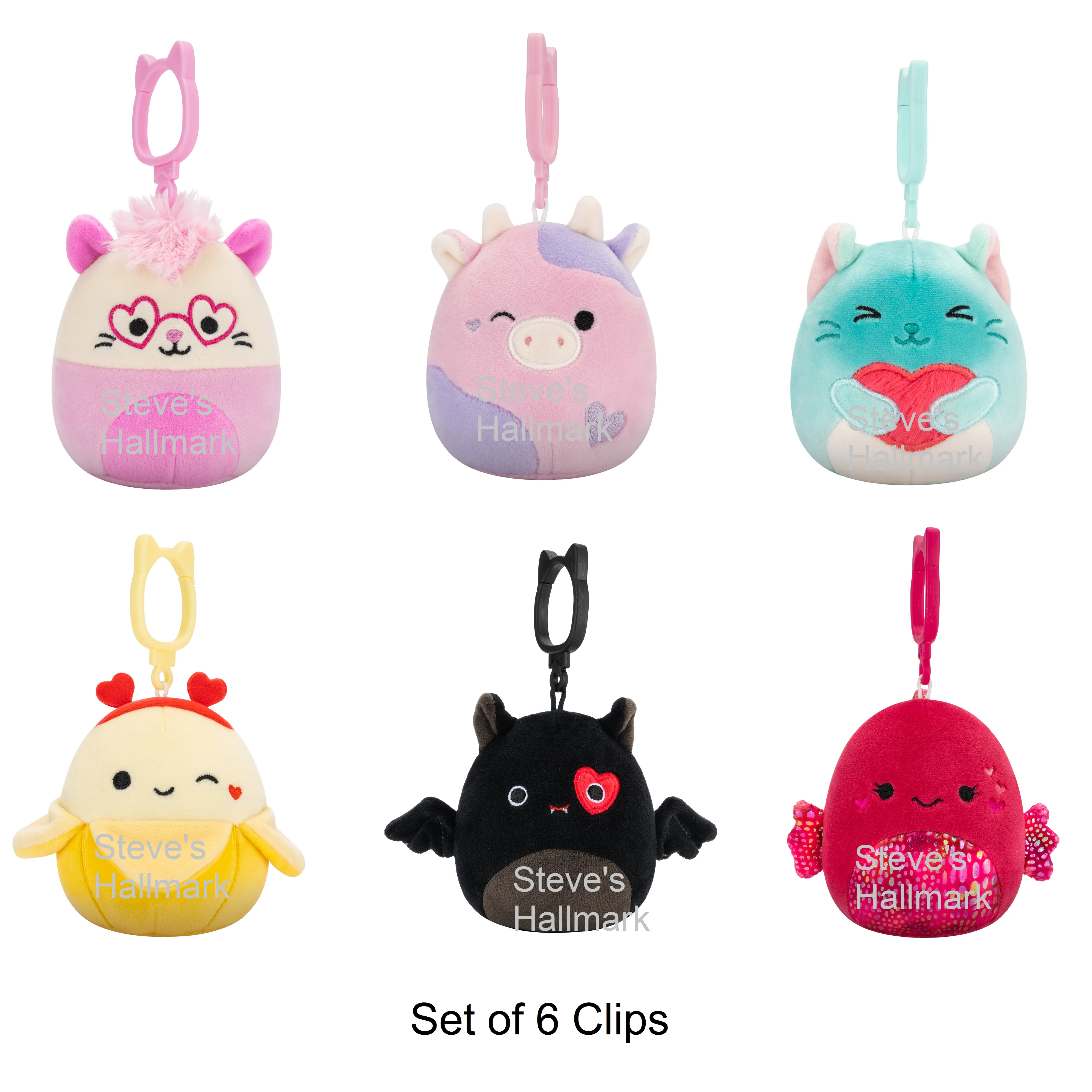 Set of 6 Valentine Squishmallows Banana, Bat, Opossum, Cow, Cat, and Betta Fish 3.5" Clip Stuffed Plush by Jazwares