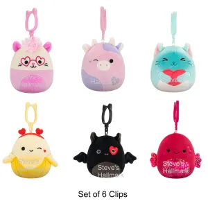 Set of 6 Valentine Squishmallows Banana, Bat, Opossum, Cow, Cat, and Betta Fish 3.5" Clip Stuffed Plush by Jazwares